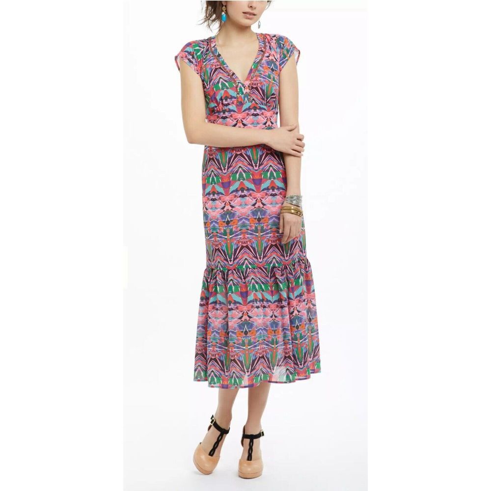 Anthropologie Vanessa Virginia Mural Lined Pink  Maxi Dress Sz 2 Beaded $188‎
